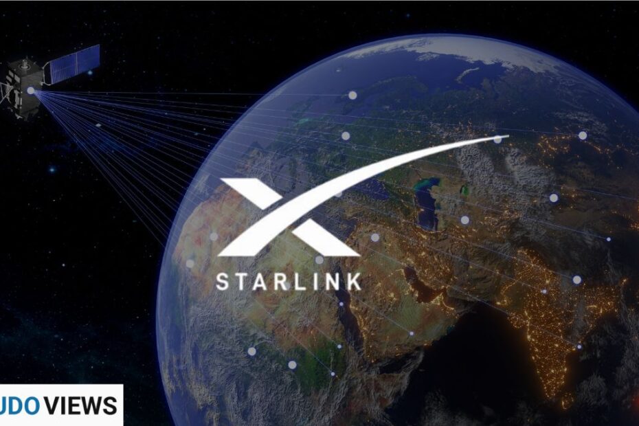 Starlink logo alongside a futuristic digital representation of Earth, symbolizing global satellite Starlink Internet connectivity. Image by Sudo Views.