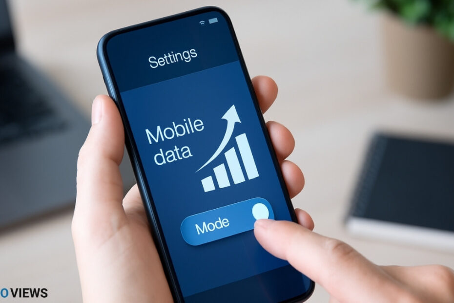 How to Improve Mobile Data Speeds, A person holding a smartphone outdoors with visible signal bars and digital network icons, representing mobile data and internet connectivity.