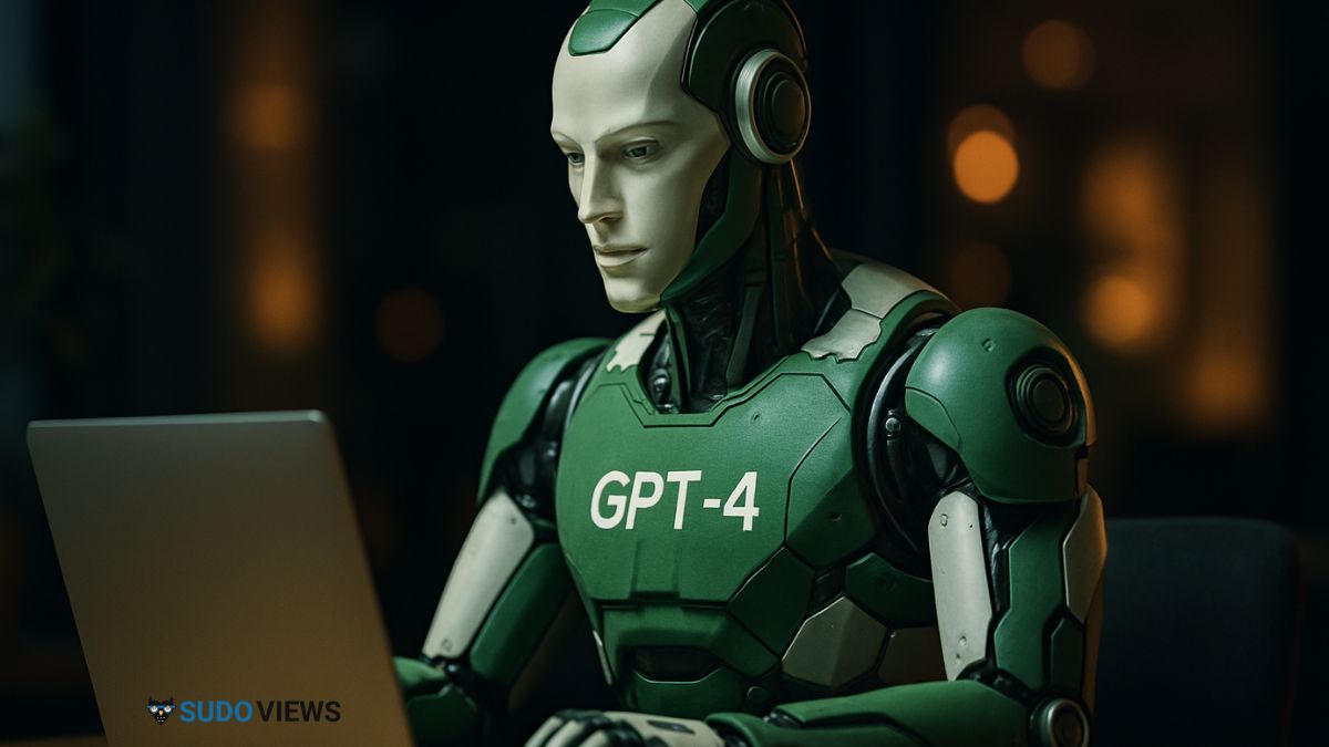 Mastering ChatGPT Prompts: Ultimate Guide with 500+ Examples A photorealistic humanoid robot with a green and white design sits at a desk using a silver laptop, set against a cinematic, warmly lit background.
